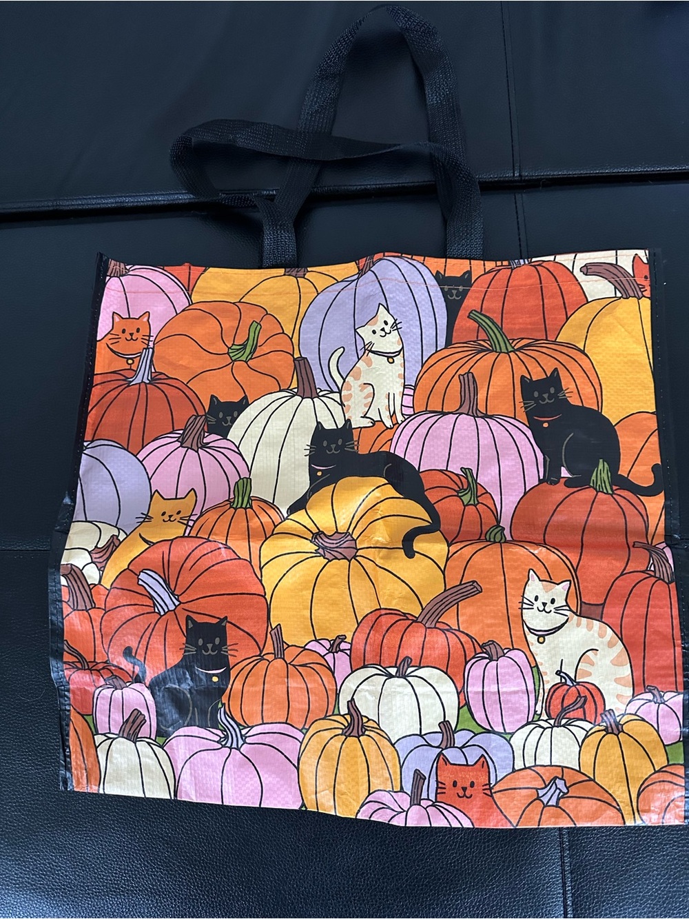 Large Halloween Reusable Plastic Tote Bag with a Cats and Pumpkins pattern cute!